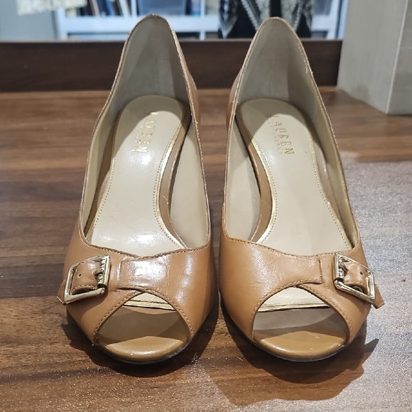 Lauren Ralph Lauren Tan Peep Toe Heels with Buckle - Picture 5 of 10